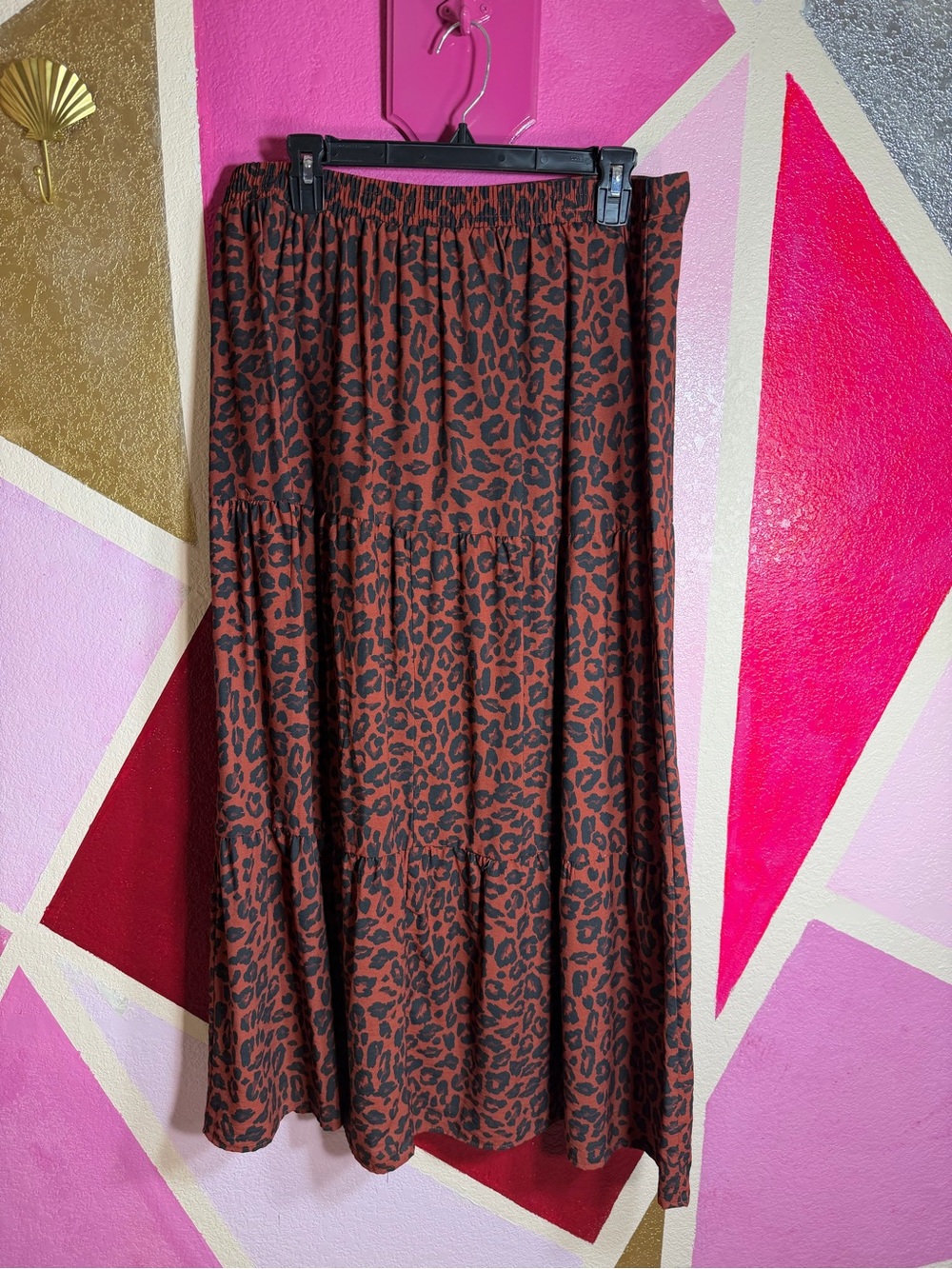 Nine West Rust Leopard Print Maxi Skirt Front Slit Smocked Waist size large